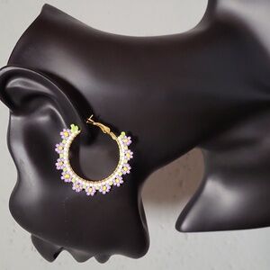 Handmade Floral beaded Earrings – Lavender, Yellow, Green, and White.